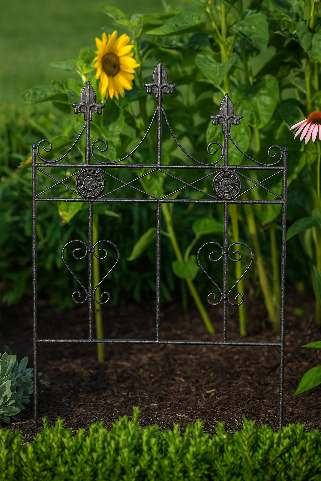 Handgefertiger Gartenzaun aus Metall der sehr dekorativ ist. 